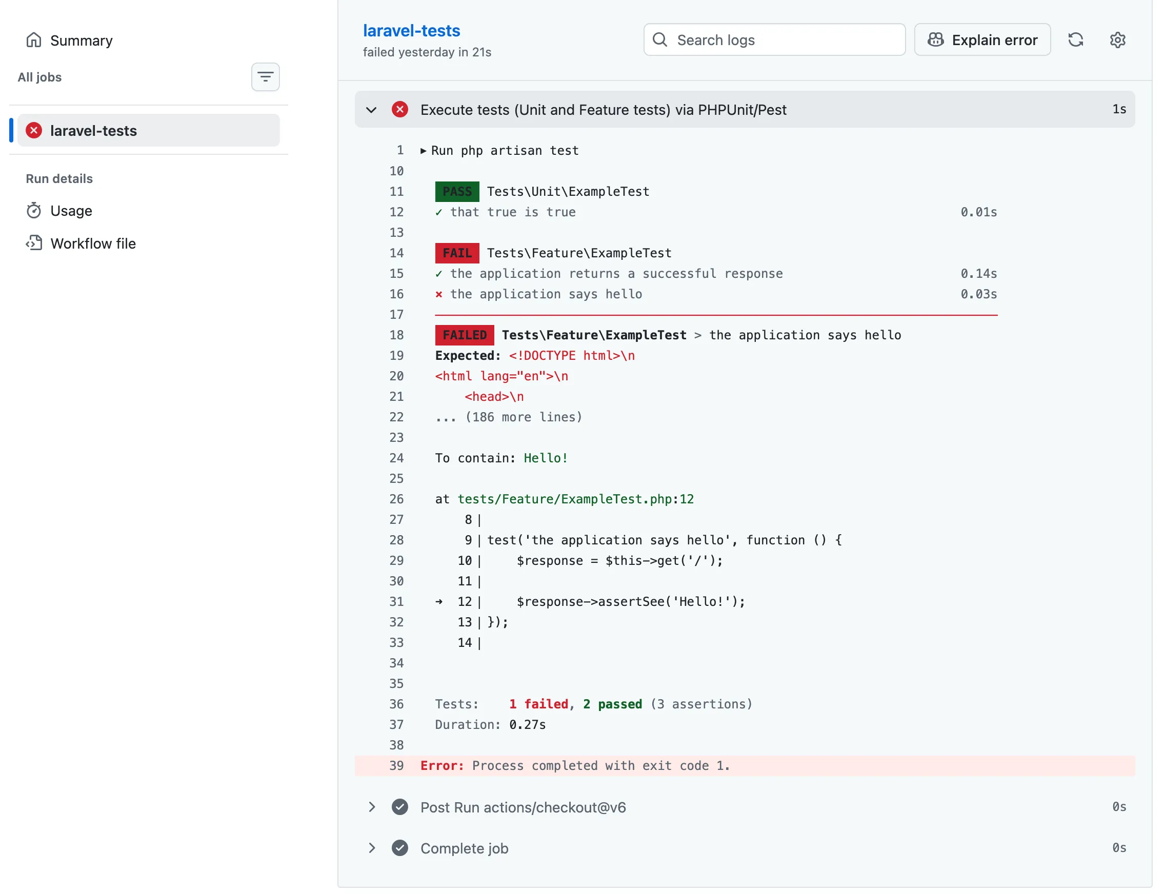 screenshot of failing test