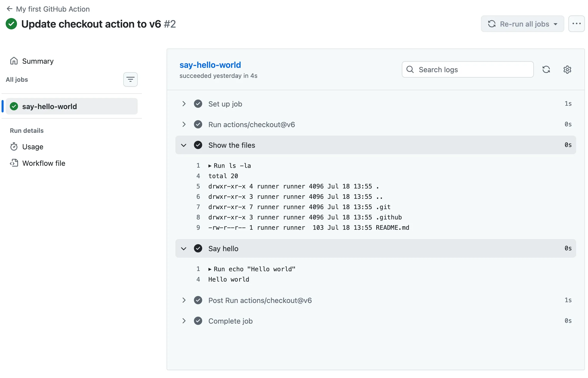 Screenshot of GitHub Actions detail page