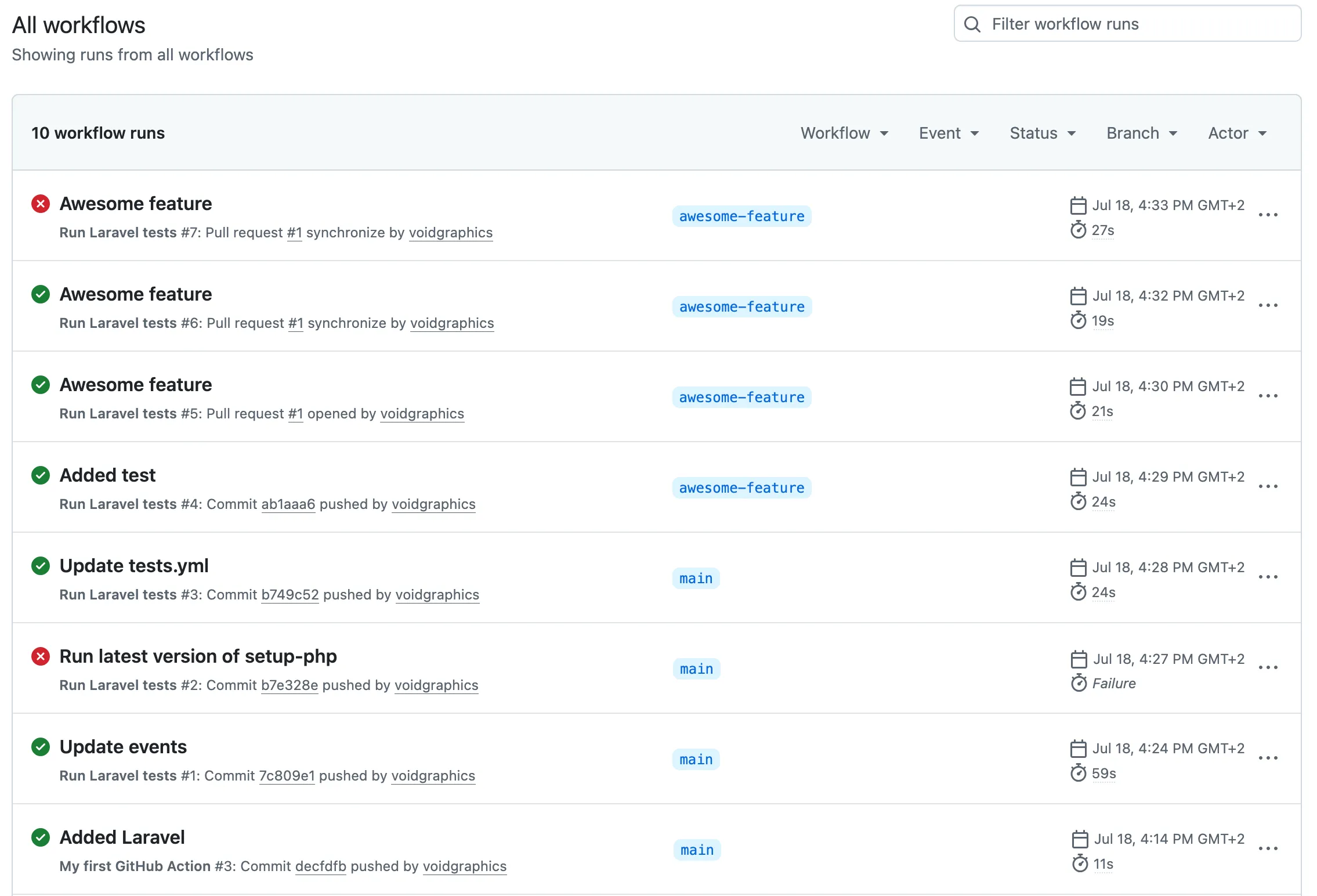 Screenshot of GitHub Actions index