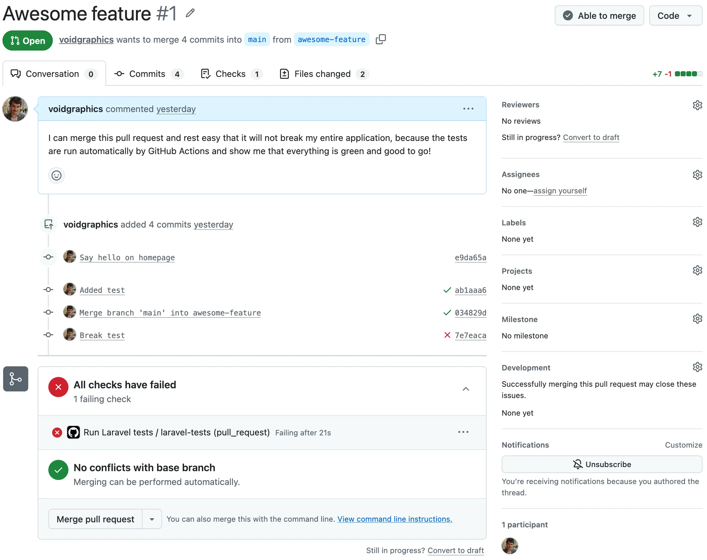 screenshot of failing tests on pull request